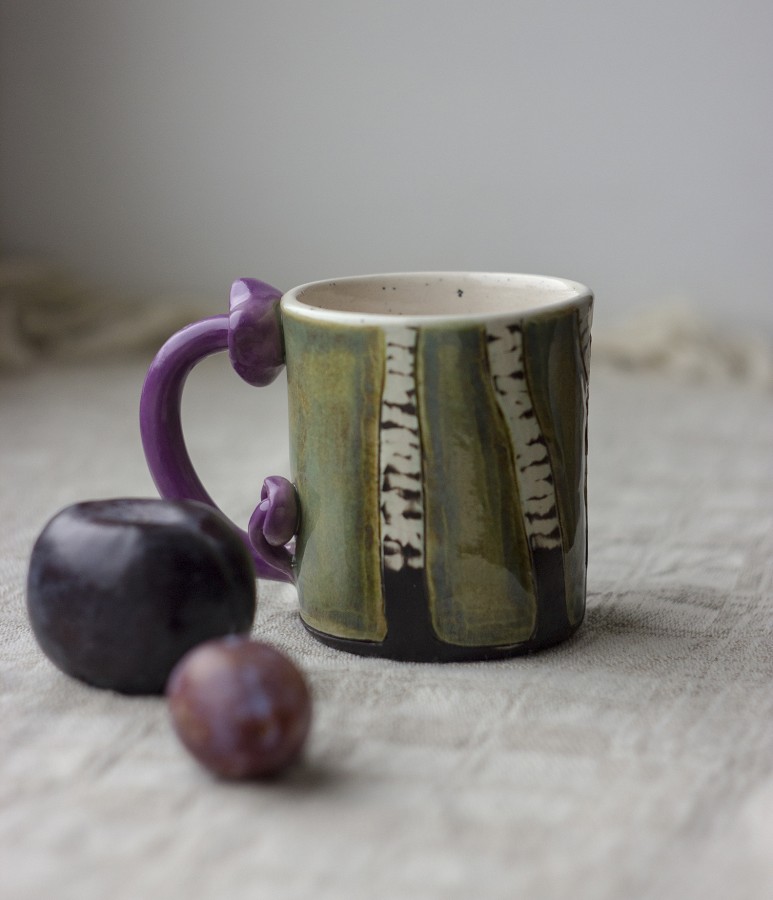 Puodelis su grybo rankena "Violetinis nuosėdis" 230ml